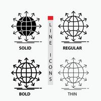 wereldbol. netwerk. pijl. nieuws. wereldwijd icoon in dun. normaal. stoutmoedig lijn en glyph stijl. vector illustratie