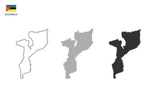 3 versies van Mozambique kaart stad vector door dun zwart schets eenvoud stijl, zwart punt stijl en donker schaduw stijl. allemaal in de wit achtergrond.