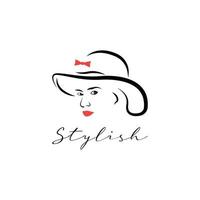 mooi silhouet schets vrouw hoofd in hoed. elegant logo van meisje met rood lippen. mode dame icoon vector