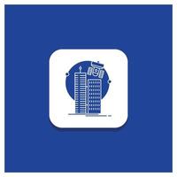 blauw ronde knop voor gebouw. slim stad. technologie. satelliet. corporatie glyph icoon vector