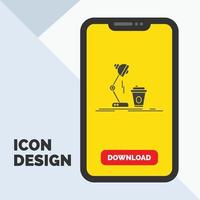 studio. ontwerp. koffie. lamp. flash glyph icoon in mobiel voor downloaden bladzijde. geel achtergrond vector