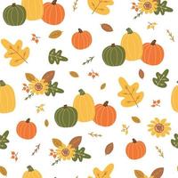 herfst oogst patroon. oranje pompoen, geel bladeren, BES, bloemen element, vallend bladeren. helder vallen seizoen herhaald textuur. omhulsel papier. oogst tijd. herfst achtergrond. vector illustratie.