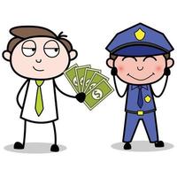 Bedrijfsmiddel van jong zakenman tekenfilm karakter geven geld naar politievrouw vector