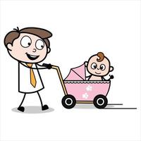 Bedrijfsmiddel van een jong zakenman tekenfilm karakter wie is draag- een wandelwagen en de baby is uit vector