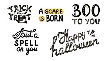 halloween belettering citaten. handgeschreven halloween zinnen, zetten een spellen Aan u en truc of traktatie vector set. spookachtig halloween belettering. halloween handgeschreven typografie, citaat en groet belettering