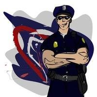 politieagent knal kunst stijl vector illustratie. grappig boek stijl imitatie. nationaal Politie dag concept. tekenfilm karakter badmeester redden Europese ras politieagent leger in zomer uniform