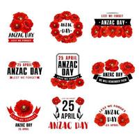 anzac dag 25 april rood papaver vector pictogrammen