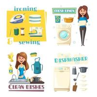 vector huis schoonmaak en wassen, vrouw strijken