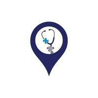 stethoscoop kruis GPS vorm logo ontwerp. medisch Gezondheid vector Gezondheid logo met kruis en stethoscoop icoon symbool.