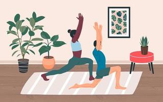 paar aan het doen yoga Bij huis. yoga oefening vector illustratie. tekenfilm stijl mensen aan het doen yoga, asana houding, training Bij huis. oefening samen. interieur achtergrond.