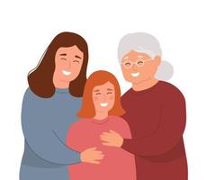 een ouderen moeder met haar dochter en kleindochter. twee Dames knuffel een kind. de concept van moederlijk liefde, familie, zorgzaam voor de oud, verschillend generaties. vector grafiek.