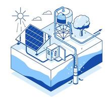 gemakkelijk tekenfilm zonne- cel zonne- fabriek ondergedompeld water pomp slim landbouw systeem uitrusting water tank diagram isometrische vector