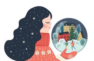 Kerstmis en gelukkig nieuw jaar geïsoleerd illustratie met schattig vrouw. vector ontwerp sjabloon.