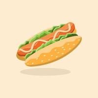 snel voedsel hotdog met groenten, worst en heerlijk brood vector