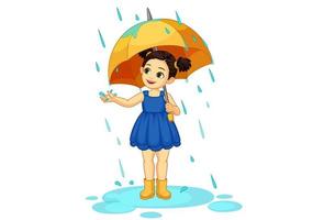schattig klein meisje met paraplu genieten van regen vector