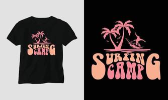 surfing kamp - surfing groovy t-shirt ontwerp retro stijl vector