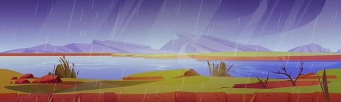 regenachtig landschap met tekenfilm meer en bergen vector