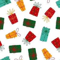 verrassing geschenk dozen naadloos vector patroon. presenteert voor kerstmis, nieuw jaar, verjaardag, vakantie. gouden, rood, groen containers gebonden met een lint, boog. vlak achtergrond voor achtergronden, textiel