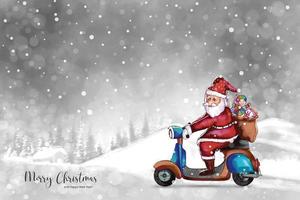 mooi Kerstmis landschap in winter met de kerstman claus Aan rijden een scooter achtergrond vector