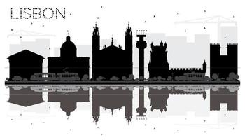 Lissabon stad horizon zwart en wit silhouet met reflecties. vector