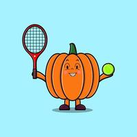 tekenfilm pompoen karakter spelen tennis veld- vector