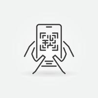 smartphone met qr code in handen schets vector icoon