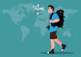 jong Mens backpacken in de omgeving van de wereld lang weekend reizen idee. vector illustratie