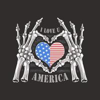 skelet handen met amerikaanse vlag hart vector