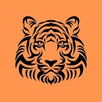 zwart tijger hoofd symbool logo Aan oranje achtergrond. wild dier tribal tatoeëren ontwerp. stencil vlak vector illustratie