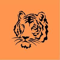 zwart tijger hoofd symbool logo Aan oranje achtergrond. wild dier tribal tatoeëren ontwerp. stencil vlak vector illustratie