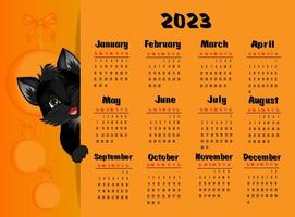 kalender 2023 met zwart kat. schattig weinig kat met Kerstmis ballen. week begint Aan zondag. vector