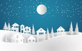 huis in winter met papier kunst ontwerp Bij nacht vector