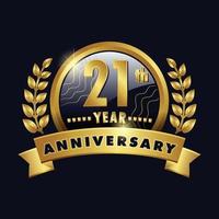 21e verjaardag gouden logo twintig een jaren insigne met aantal 21 lint, laurier krans vector ontwerp