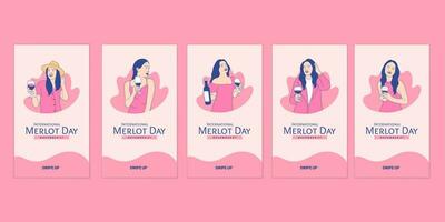 illustraties mooi vrouw genieten Holding merlot wijn voor Internationale merlot dag sociaal media verhalen verzameling vector