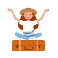 een meisje in een hoed is zittend Aan een koffer in de lotus positie. een persoon geniet een vakantie. vector