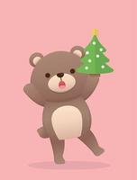 schattig baby beer karakter mascotte met Kerstmis boom, gelukkig naar vieren kerstmis, vector tekenfilm stijl