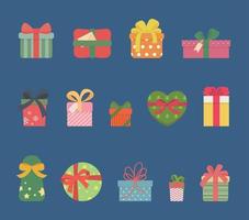 14 kleurrijk geschenk dozen, gestreept, polka punt, patroon, gedrukt, mooi lint, Kerstmis Cadeau, verjaardag Cadeau, bruiloft Cadeau, vieren verjaardag of bruiloft of partij in vector tekenfilm stijl