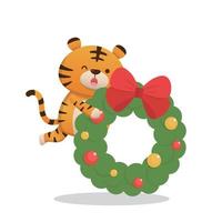 schattig tijger karakter mascotte met Kerstmis lauwerkrans, gelukkig naar vieren kerstmis, vector tekenfilm stijl