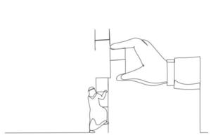 tekenfilm van Arabisch zakenman beklimming omhoog naar top van gebroken ladder met reusachtig helpen hand- naar aansluiten naar bereiken hoger. single doorlopend lijn kunst stijl vector