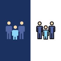 familie paar kinderen Gezondheid pictogrammen vlak en lijn gevulde icoon reeks vector blauw achtergrond