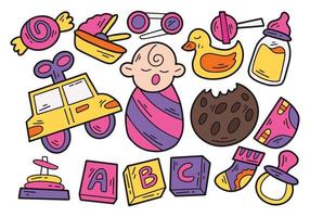 reeks van baby accessoires tekening kleur illustratie bundel vector