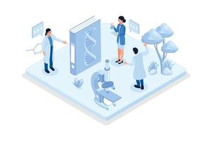 conceptuele sjabloon met microscoop, Petri borden, laboratorium apparatuur. tafereel voor aan het leren biologie, microbiologie, geneesmiddel, isometrische vector modern illustratie