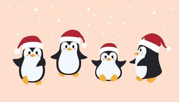 reeks pinguïns in de kerstman claus rood Kerstmis hoed. winter achtergrond. nieuw jaar vector illustratie.