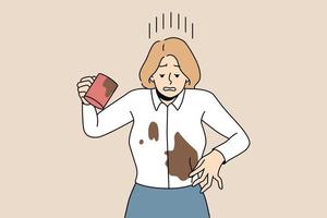 verontrust zakenvrouw morsen koffie Aan blouse. ongelukkig vrouw doven haarzelf met drankje. onhandig zorgeloos vrouw ongeluk Bij werkplek. vector illustratie, tekenfilm karakter.