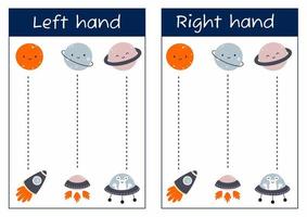 handschrift praktijk vel. logisch spel voor ontwikkeling van interhemisferisch verbindingen. schrijven met uw links en Rechtsaf hand. aan het leren naar schrijven. sturen raket naar planeet. ruimte. vorming neurale aansluiten vector