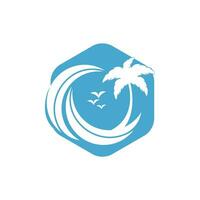 strand en palm boom vector logo. reizen en toerisme teken.