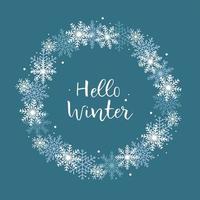 Hallo winter. feestelijk sjabloon met een ronde cirkel van sneeuwvlokken en een inscriptie. vector