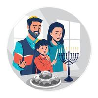 Joods familie vieren Chanoeka met verlichting menora concept vector