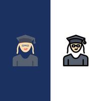 pet onderwijs diploma uitreiking vrouw pictogrammen vlak en lijn gevulde icoon reeks vector blauw achtergrond