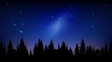 Woud donker silhouet landschap vlak kleurrijk illustratie nacht blauw lucht met sterren melkachtig manier in de ochtend. vector panorama achtergrond voor toerisme, reizend, camping avontuur.